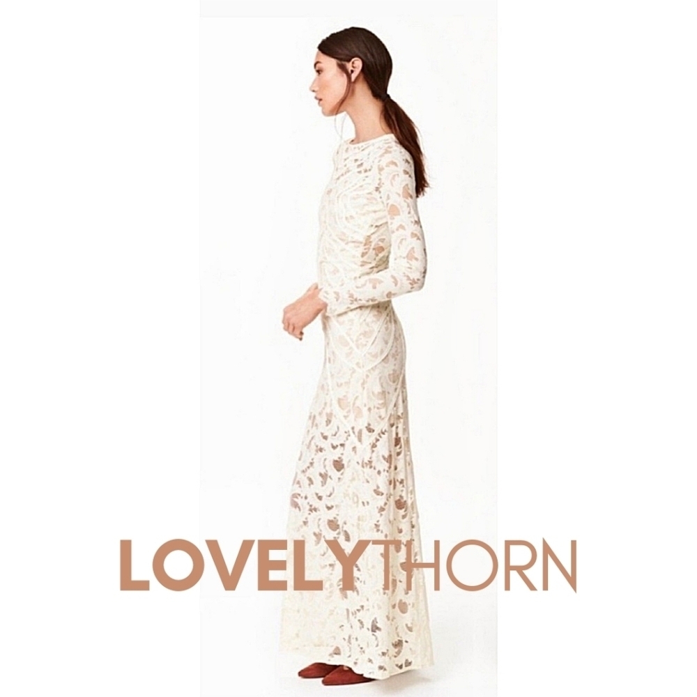 H&M // luxe gold label lace & ribbon ls body con open back lined long dress